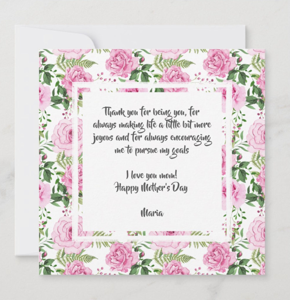 Pink Roses Mothers Day Card - Back