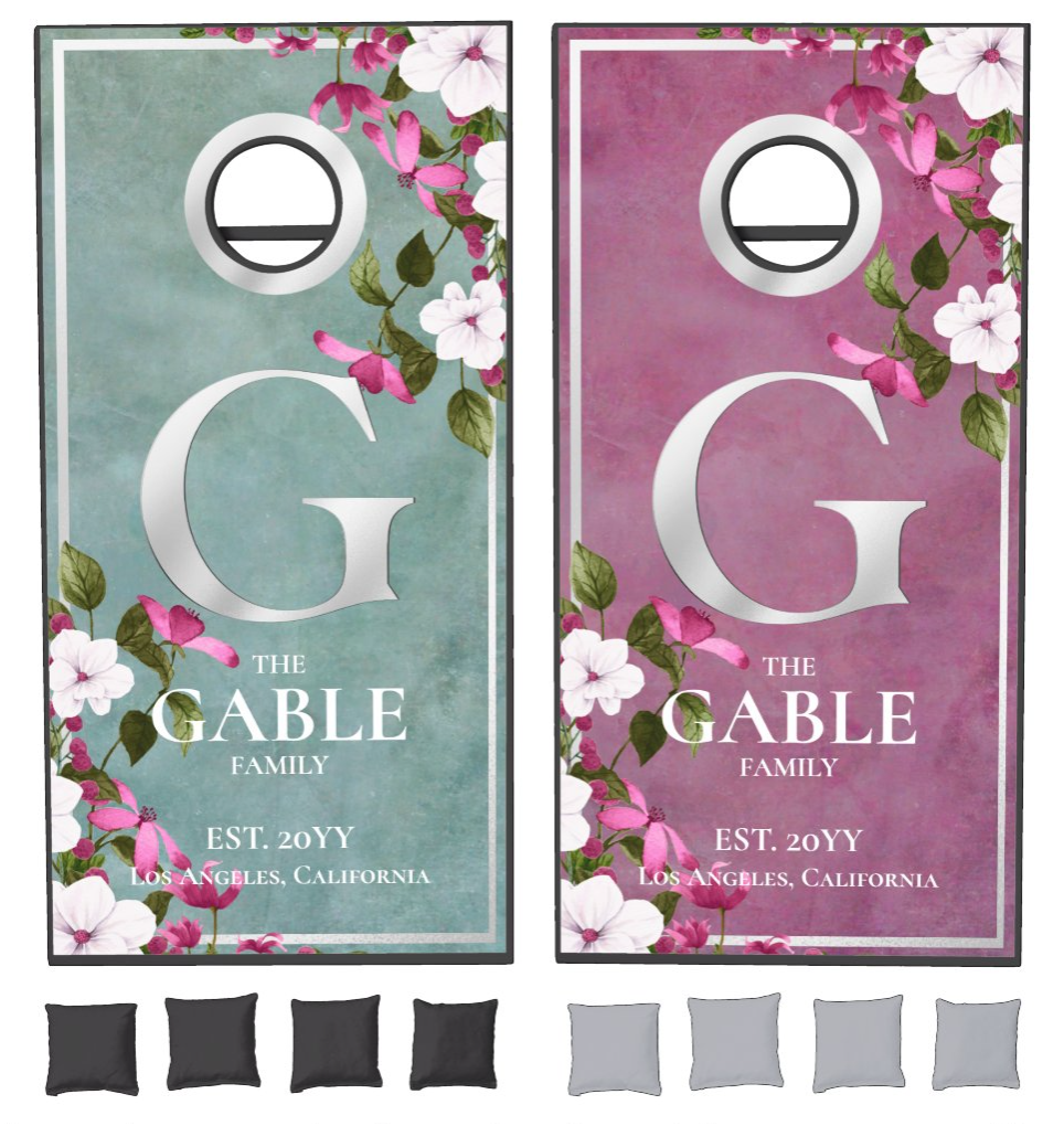 Smokey Teal Magenta Floral Metallic White Monogram Cornhole Set