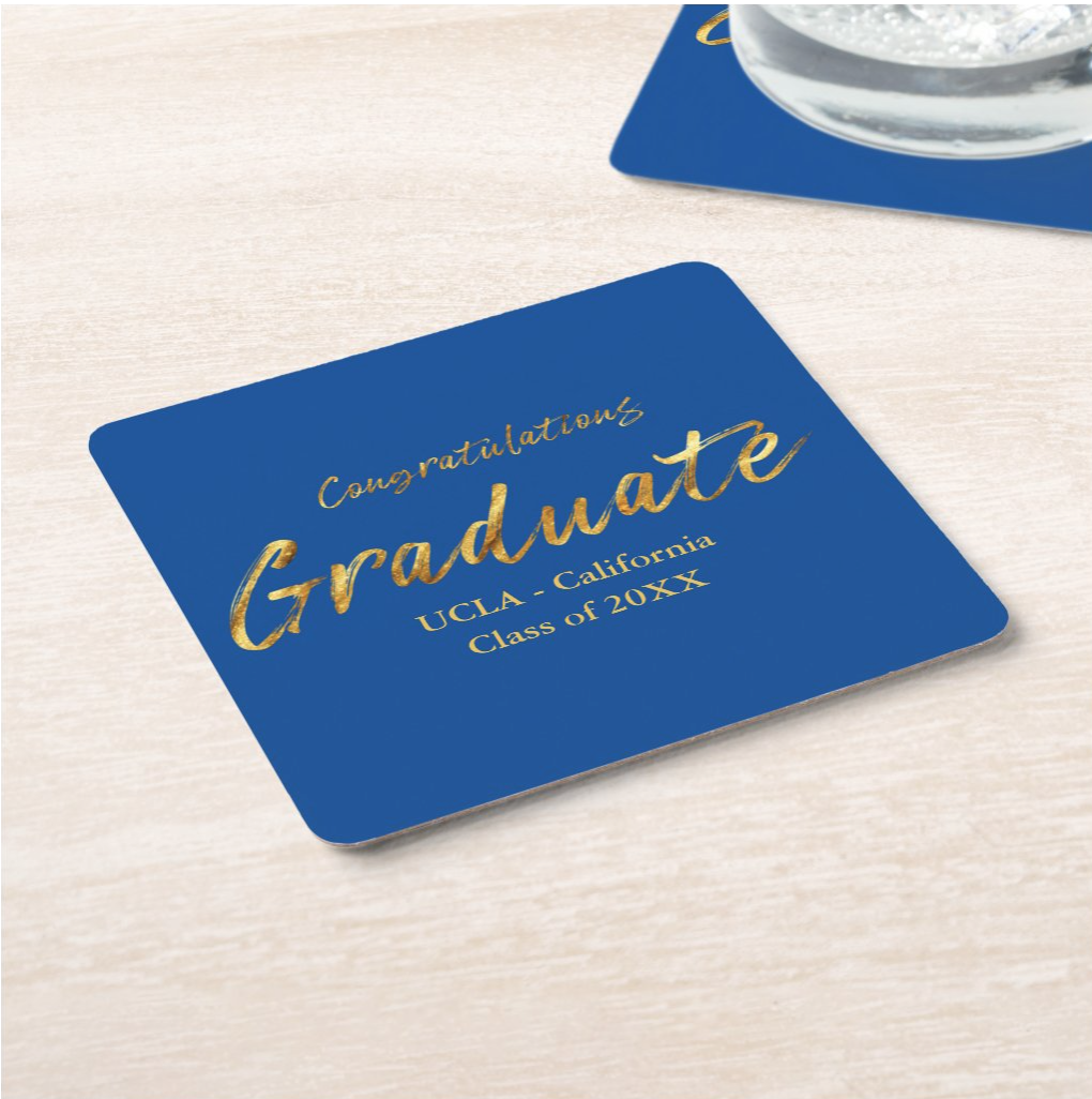Modern Blue Gold Script Congratulations Graduate Square Paper Coaster