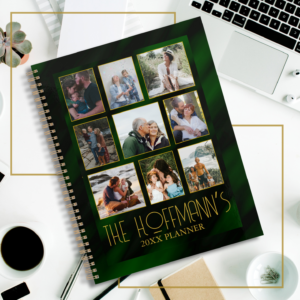 Elegant-Emerald-Green-Gold-Frame-Photo-Collage-Planner featuring family memories