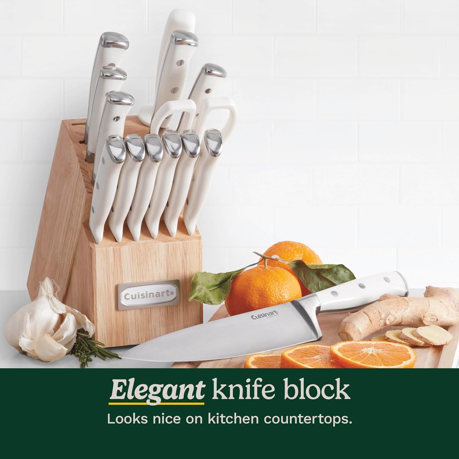 Cuisinart 15-Piece Knife Set with Block, High Carbon Stainless Steel, Forged Triple Rivet, White