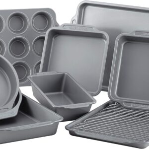 Farberware Nonstick Steel Bakeware Set with Cooling Rack, Baking Pan and Cookie Sheet Set with Nonstick Bread Pan and Cooling Grid, 10-Piece Set, Gray