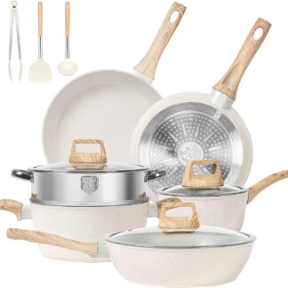 Pots and Pans Set Non Stick, 12 Pcs Kitchen Cookware Sets Induction Cookware Granite Cooking Set with Frying Pans, Saucepans, Steamer Silicone Shovel Spoon & Tongs (White)