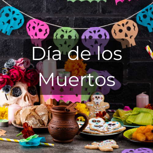 How to Throw A Día De Los Muertos Celebration - Blog featured image depicting a festive and decorative dia de los muertos altar with skull, food and colorful and festive decorations