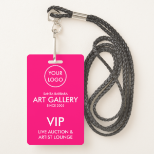 This sample design made for an art gallery silent auction VIP Badge. Create your own modern business branding, marketing and promotional products with this simple design. All customizable details include your business logo, location of your business, business name, established date and event or custom text in the front. Your business logo, business name and event name in the back. This design's layout is professional, simple and modern; featuring magenta background with elegant sans serif white typography. This design is versatile as the customization adapts to any type of business, profession or industry.