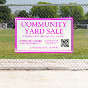 Customizable Bright Neon Pink White Community Yard Sale Banner Make your next community yard sale impossible to miss with our vibrant Neon Pink Community Yard Sale banner! This eye-catching, custom-made banner is designed to attract attention and drive traffic to your event. The bold neon pink typography ensures maximum visibility; in addition, the large, easy-to-read text can be personalized with your event details, including dates, times, and location. Perfect for hanging across fences, buildings, or between trees, this durable outdoor banner is weather-resistant, ensuring it looks great rain or shine. Ideal for neighborhood sales, garage sales, or fundraising events, this banner is your go-to solution for making your yard sale stand out. Order now and make sure your community event gets the attention it deserves!