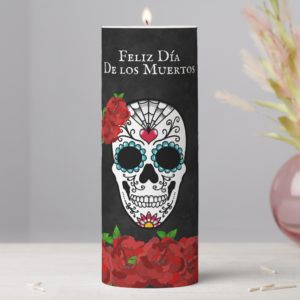 Day of the Dead Red Turquoise Sugar Skull Pillar Candle