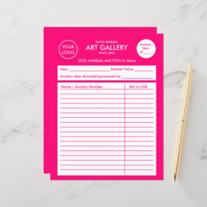 Create your own modern branded auction bidding sheets. This sample design made for an art gallery silent auction bidding sheets. This design is versatile as it adapts to any type of business, profession or industry with just a few customizable details. All customizable details include your business logo, location of your business, business name, established date and event name. This design's layout is professional, simple and modern; featuring magenta background with elegant sans serif white typography.