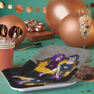 Modern Sugar Skull Couple on Vintage Yellow Couch Paper Plates