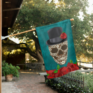 Vintage Turquoise Día De Los Muertos Sugar Skull House Flag
