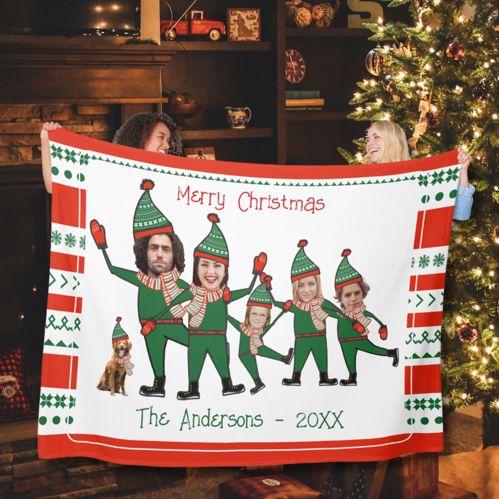 Elf Family of Five Dog Red Green Christmas Fleece Blanket