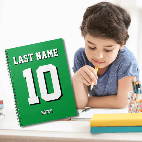 Green Last Name Sports Jersey Number Notebook