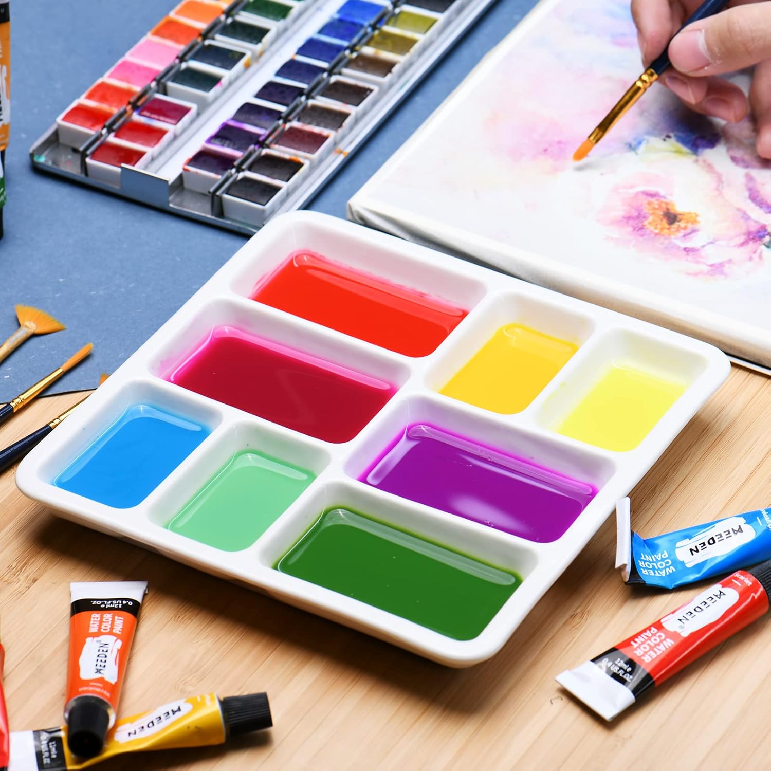 13-Well Porcelain Artist Paint Palette, Mixing Ceramic Watercolor Palette, Mixing Tray For Watercolor Gouache Acrylic Oil Painting 8 Inch