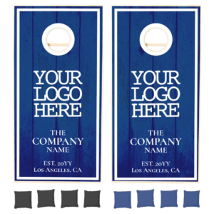 Modern Blue Barn Wood Planks Company Logo Cornhole Set available at SukisWorld.com