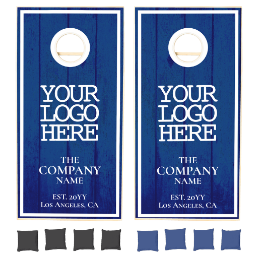 Modern Blue Barn Wood Planks Company Logo Cornhole Set available at SukisWorld.com