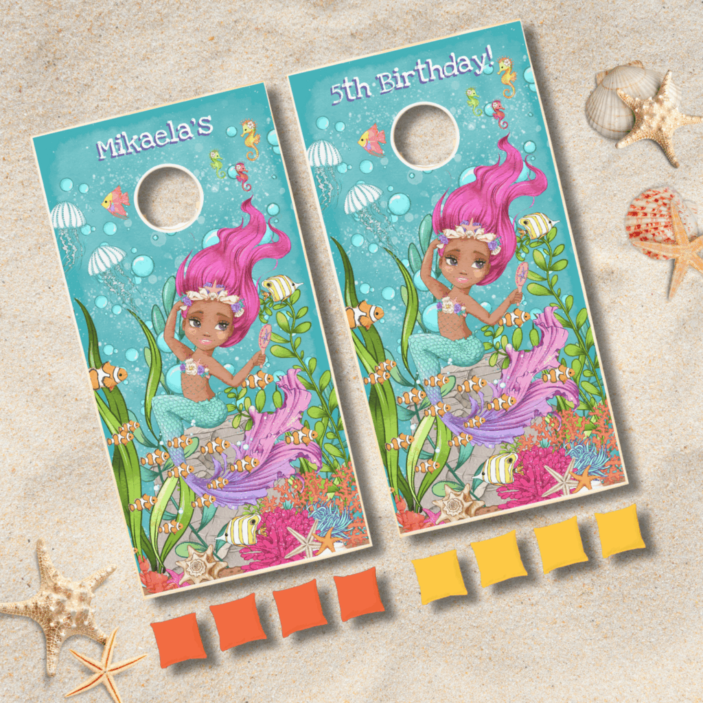Black Mermaid Pink Hair Under the Sea Birthday Cornhole Set