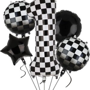 40 Inch Black and White Checkered Race Car Birthday Balloons