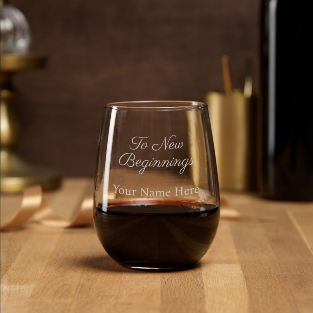 To New Beginnings Elegant and Personalized Stemless Wine Glass. customize yours today at https://www.zazzle.com/to_new_beginnings_elegant_and_personalized_stemless_wine_glass-256544128393394195