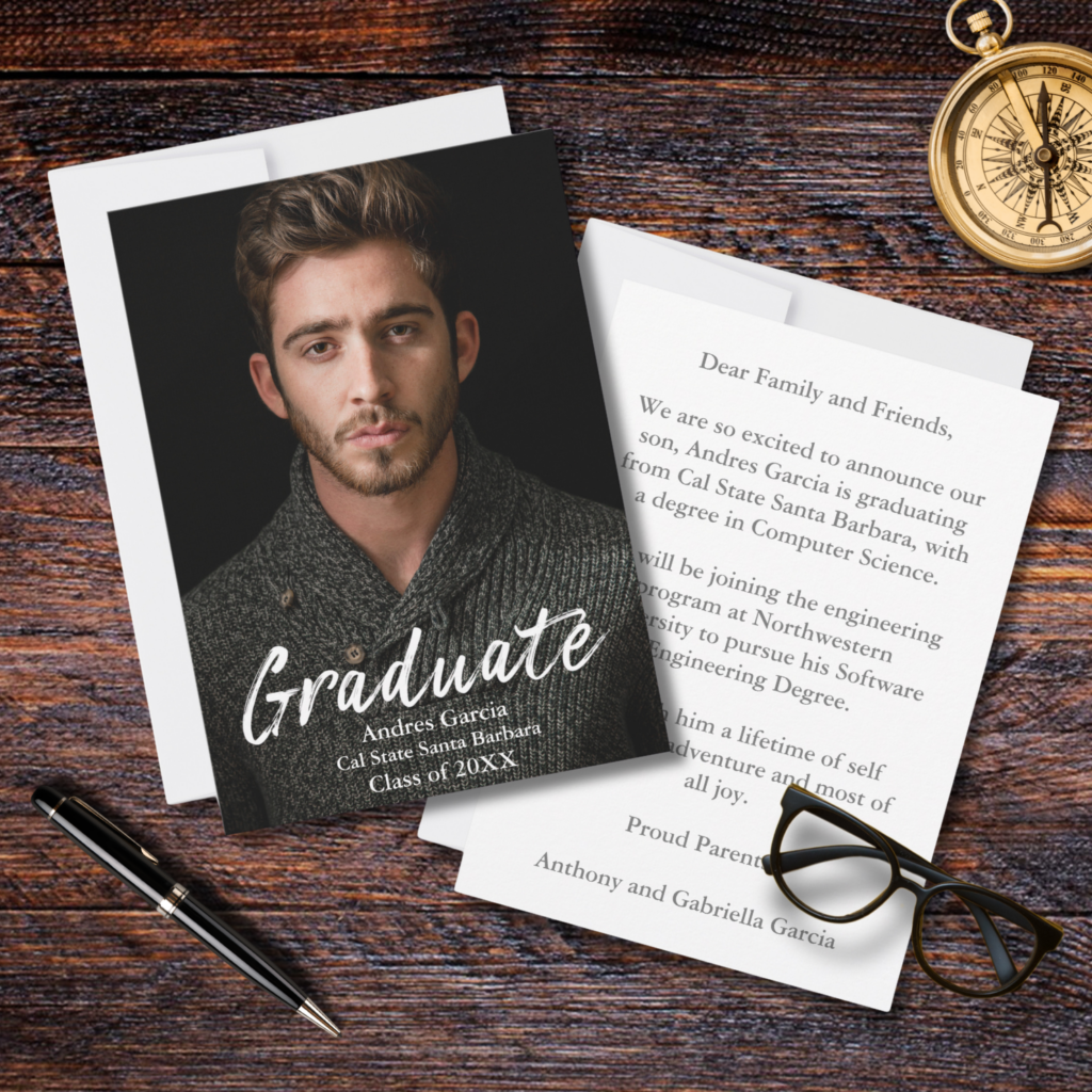 Modern Simple White Text Overlay Graduate Photo Announcement