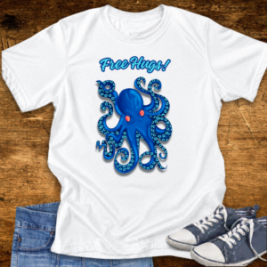 Free Hugs Octopus T-Shirt — Cute Blue Sea Creature Graphic Tee