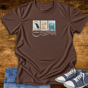 Alaska wildlife postage stamps T-shirt in Espresso, featuring watercolor puffin, moose and sea otter art