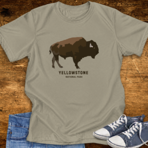 Yellowstone National Park Bison T-shirt in sandstone, featuring brown bison artwork and vintage lettering