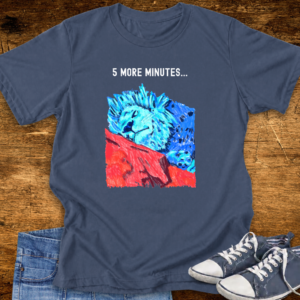 Funny sleeping lion T-shirt in midnight featuring colorful lion artwork and 5 More Minutes saying